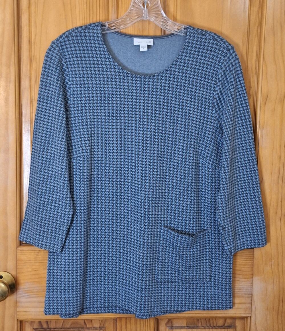 J. Jill Ponte Shirt Women's Medium Blue Gray Houndstooth Classic Preppy Office